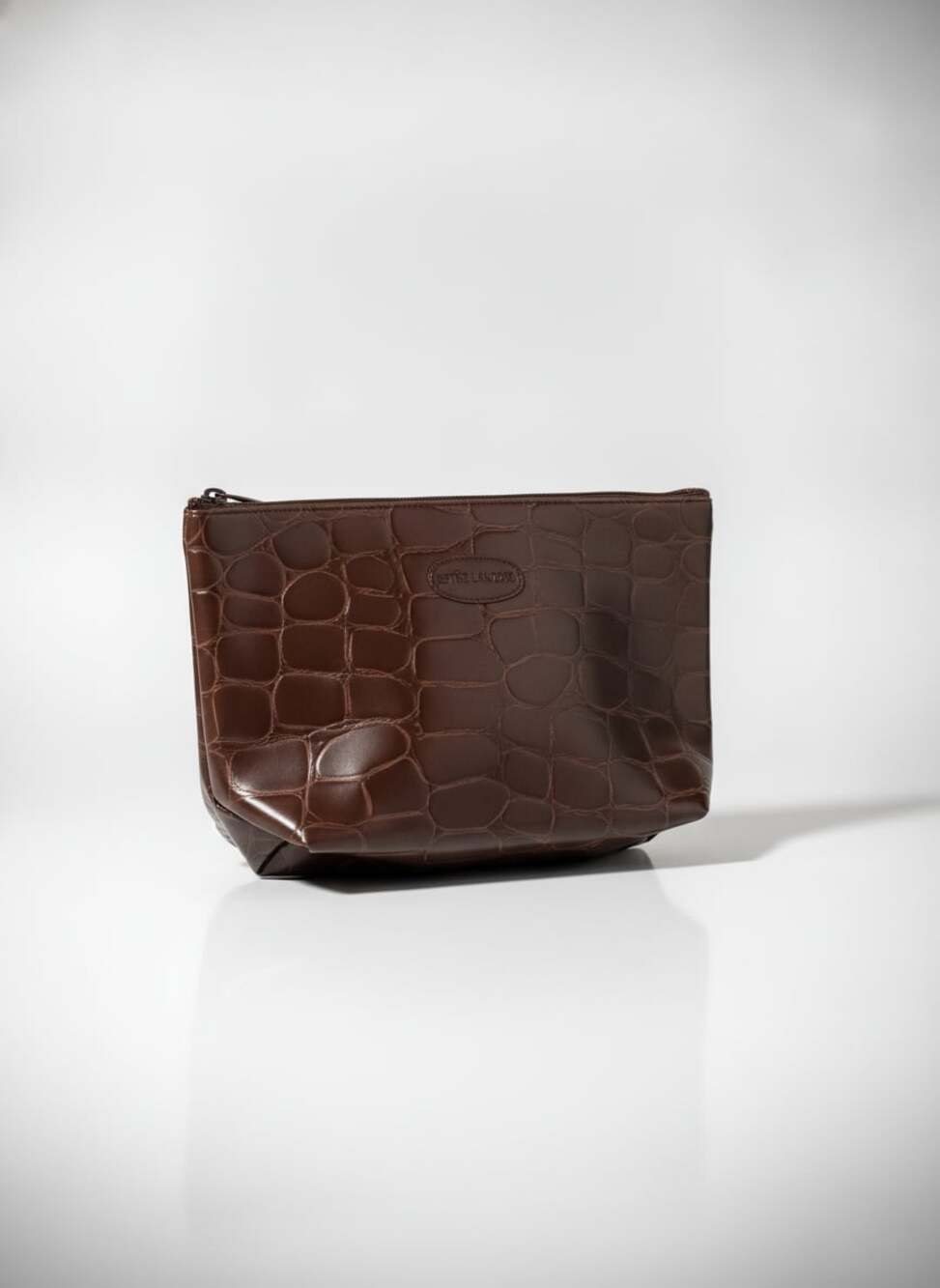 Estee Lauder Brown Faux Crocodile Embossed Zippered Cosmetic Makeup Bag